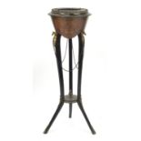 Regency style inlaid walnut and ebonised wine cooler with lead liner and applied gilt metal horse