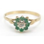 9ct gold emerald and diamond flower head ring, size M, 1.1g