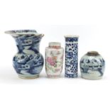 Chinese porcelain including a blue and white sleeve vase hand painted with two dragons and a famille