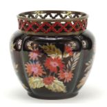 Zsolnay Pecs, Hungarian lustre jardinière with pierced border, hand painted with flowers,
