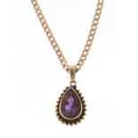 9ct gold amethyst tear drop pendant on a 9ct gold necklace, 42cm and 2cm in length, 6.4g