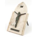 Large marble and bronze easel crucifix with a souvenir plaque, 46cm high