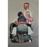 After Norman Rockwell - The tattoo artist, American school oil on board, mounted and framed, 90cm