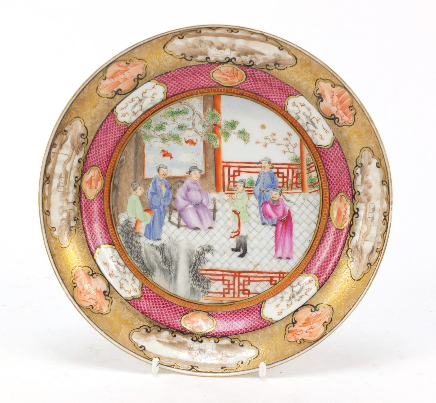 Good Chinese porcelain plate, finely hand painted in the Mandarin palette with figures attending