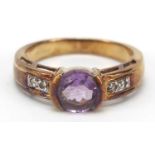 9ct gold amethyst and diamond ring, size N, 3.4g
