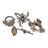 Five silver brooches including marcasite, Blue John and a Scottish pin, 22.8g