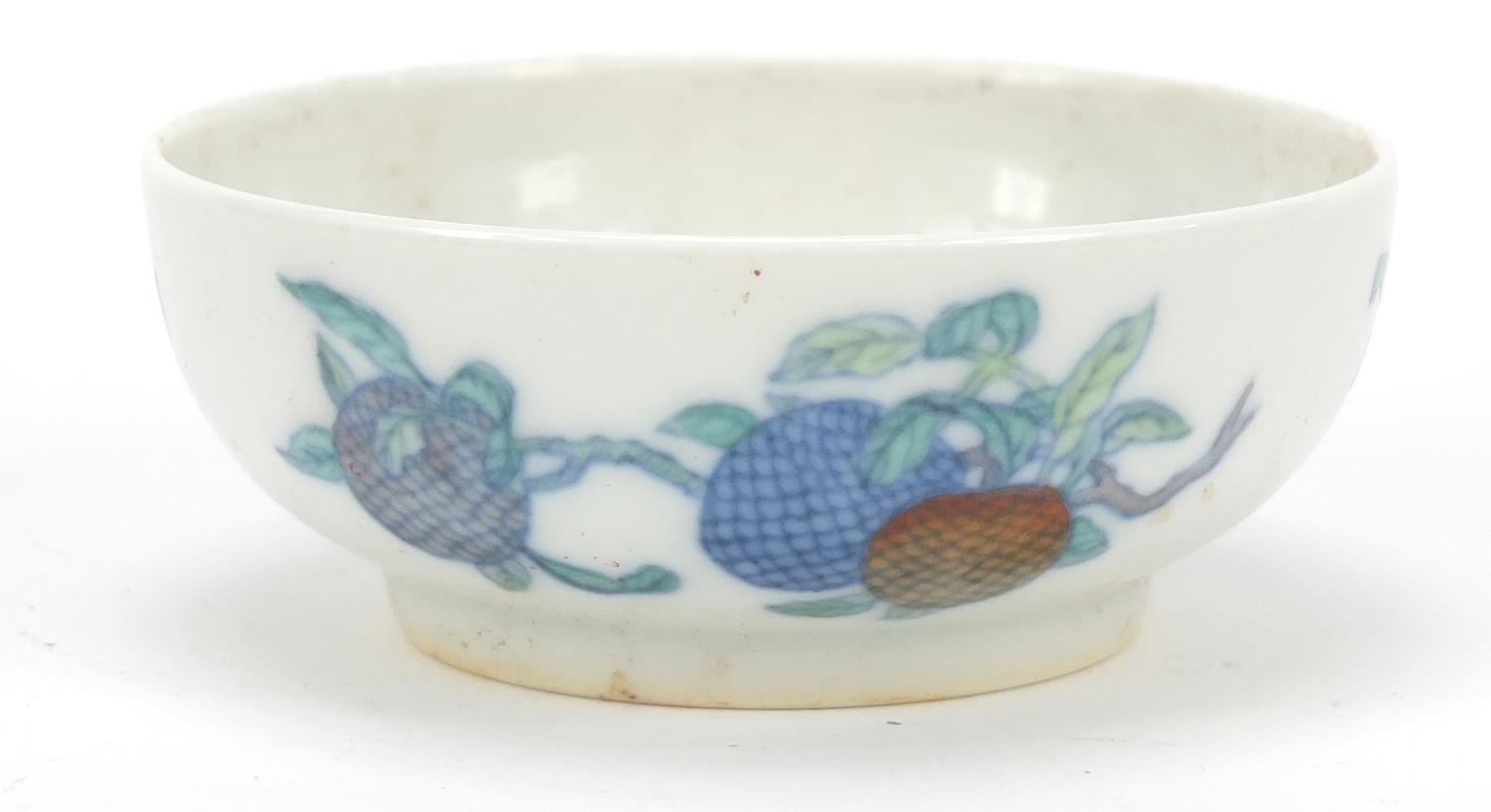 Chinese doucai porcelain shallow dish hand painted with fruit, six figure character marks to the