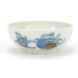 Chinese doucai porcelain shallow dish hand painted with fruit, six figure character marks to the