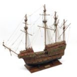 Large hand built wooden galleon, The Henry Grace, 102cm high x 110cm in length