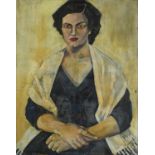 Chapman - Portrait of a seated female, modern British oil on canvas, unframed, 76.5cm x 61cm