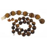 Tiger's eye jewellery including a silver bracelet, necklace and earrings, the necklace 36cm in