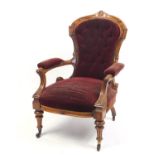 Victorian walnut framed chair with button back upholstery, 100cm high