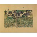 Town before water, lithograph in colour, indistinctly pencil signed, numbered 9/200, framed, 72cm