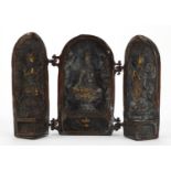 Chinese patinated bronze triptych folding Buddha shrine, 14.5cm high