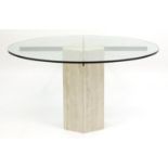 Contemporary marble dining table with circular glass top, 71.5cm high x 129.5cm in diameter