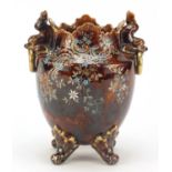 Aesthetic treacle glazed cache pot with dolphin handles, hand painted and enamelled with stylised