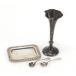 Silver items comprising a rectangular pin tray by Carrs, bud vase and two mustard spoons, various