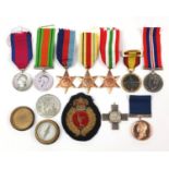 Military interest items including copy medals and modern World War II medals with boxes having a CPL