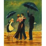 Manner of Jack Vettriano - Lovers dancing, oil on canvas, mounted and framed, 45cm x 37cm
