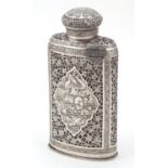 Good 19th century Persian silver overlaid glass flask finely engraved and pierced with figures,