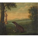 Hunting dog and hanging hare, 18th century oil on canvas, framed, 21.5cm x 19cm excluding the frame