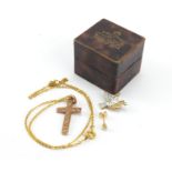 Gold coloured metal jewellery including a cross on chain, enamelled dove brooch and an 18ct gold