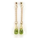 Pair of 9ct gold peridot drop earrings, 3.7cm high, 1.8g