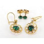 Two pair of 9ct gold green stone earrings, the largest 2.8cm high, 2.5g