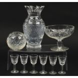 Waterford Crystal including a set of six Lismore pattern liqueur glasses and a large vase, the