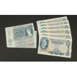 Nine Bank of England five pound notes comprising six with Chief Cashier L K O'Brien and three