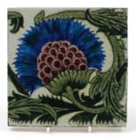 William De Morgan, Arts & Crafts pottery BBB tile hand painted with a stylised thistle and