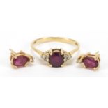 14ct gold ruby and diamond ring with matching earrings, the ring size M, total 3.0g