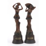 Pair of Art Deco figurines, Morning and Evening raised on circular Bakelite bases, the largest 30.