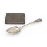 Silver cigarette case with engine turned decoration and a George IV silver tablespoon, 21.5cm in