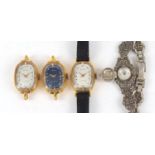 Three ladies Manis skeleton wristwatches and a silver marcasite wristwatch