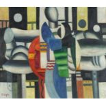 Manner of Ferdinand Leger - Abstract composition, surreal figures, French school oil on board,