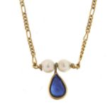 9ct gold sapphire and pearl necklace, 40cm in length, 2.0g