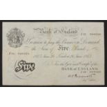Bank of England white five pound note, Chief Cashier K O Peppiatt, dated 26th June 1945, serial