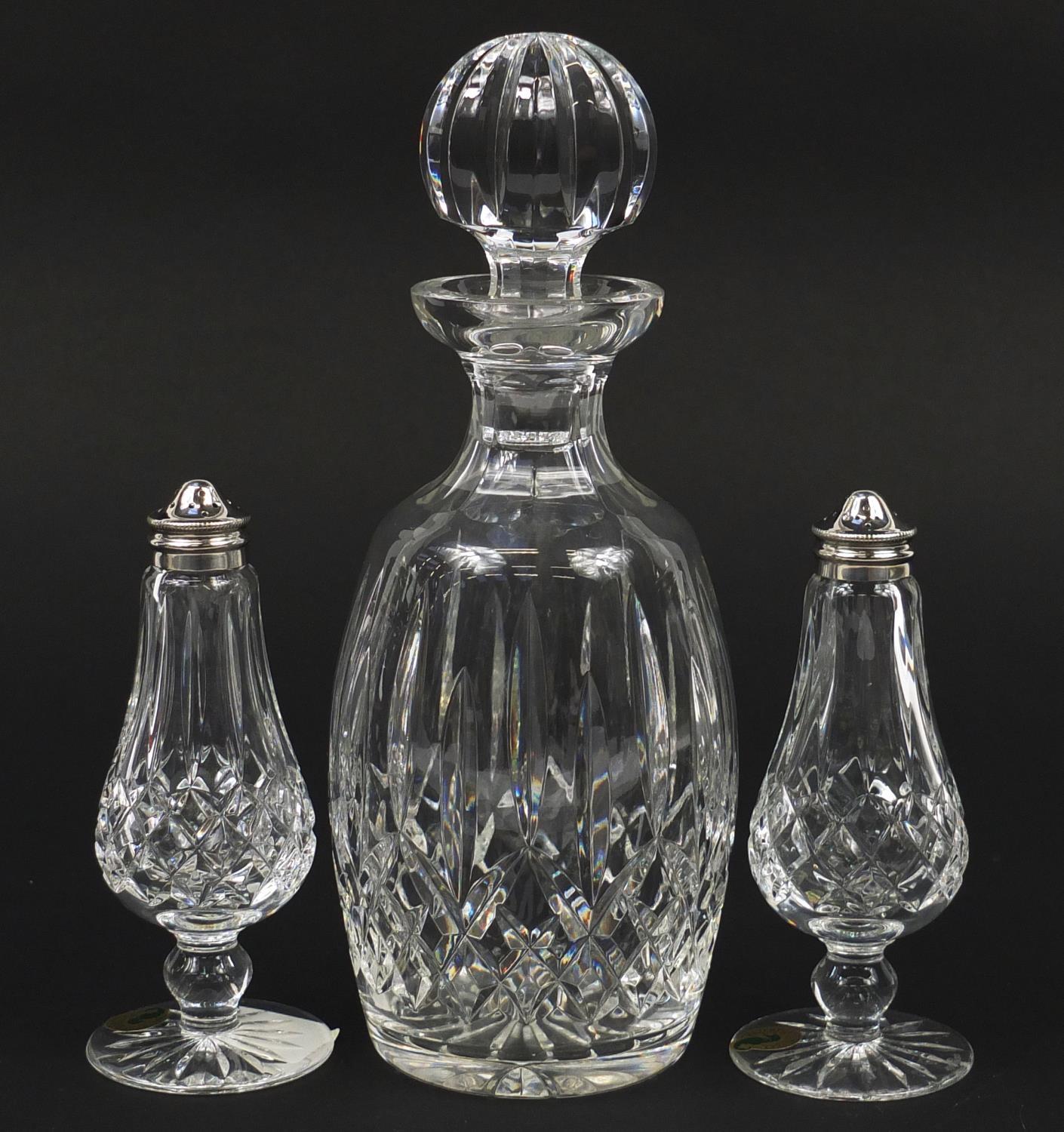 Waterford Crystal comprising a Lismore pattern decanter and salt and pepper sifters with box, the - Image 3 of 9