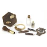 Objects including a pair of warthog tusks, walking stick pommel, AA car badge, Japanese Satsuma