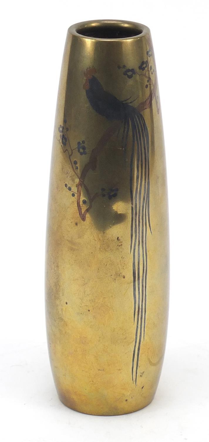 Japanese bronze and mixed metal vase decorated with a rooster on a branch, character marks to the