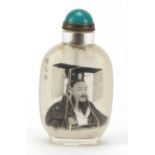 Chinese glass snuff bottle internally hand painted with an Emperor and calligraphy, 9.5cm high