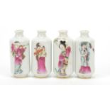 Four Chinese porcelain snuff bottles hand painted in the famille rose palette with figures and bats,