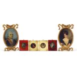 Three pairs of portrait miniatures including two of gentlemen in naval dress, each framed, the