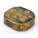 Good Japanese Makie lacquer box, the lift off lid finely gilded with flowers and a waterfall, 6.
