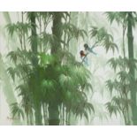 Birds amongst bamboo groves, oil on canvas, bearing a signature Raymond, framed, 59cm x 49.5cm