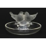 Lalique frosted and clear glass kissing dove pin tray, etched Lalique France, 9.5cm in diameter