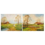 Eileen Blundell - Females with ducklings beside water, pair of oil on canvasses, mounted and framed,