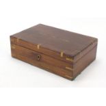 Victorian campaign style mahogany workbox with brass inlay and lift out interior, 10.5cm H x 32cm