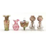 Art glassware including a pair of vases and a pot and cover, the largest 19cm high